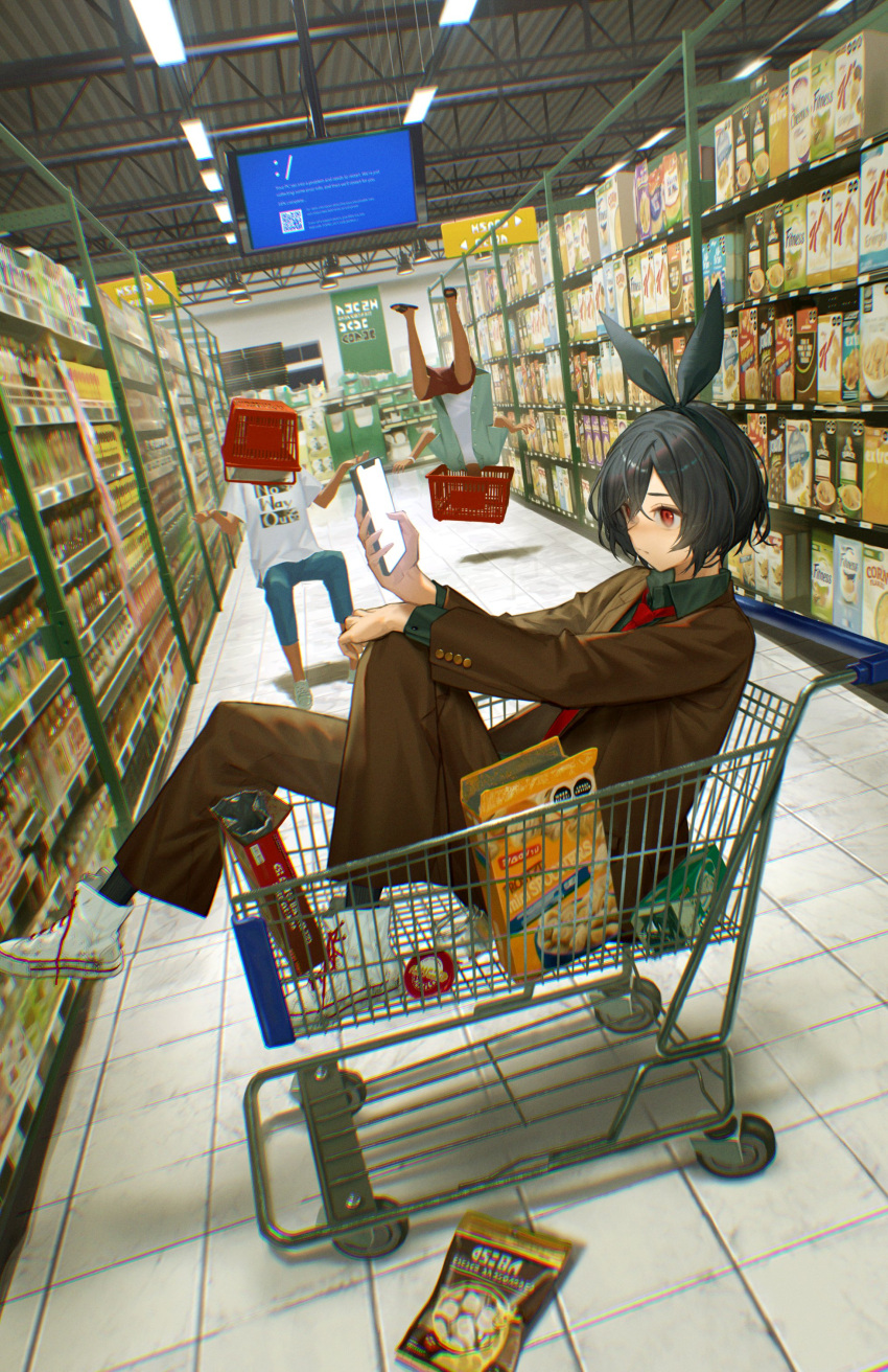1girl, 2boys, absurdres, basket_on_head, black_footwear, black_hair, black_socks, blue_jacket