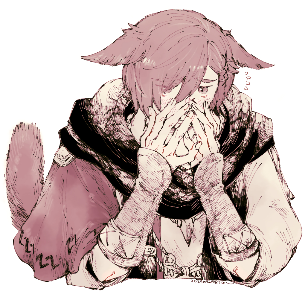 1boy, animal_ears, black_scarf, blush, cat_boy, cat_ears, cat_tail, commentary