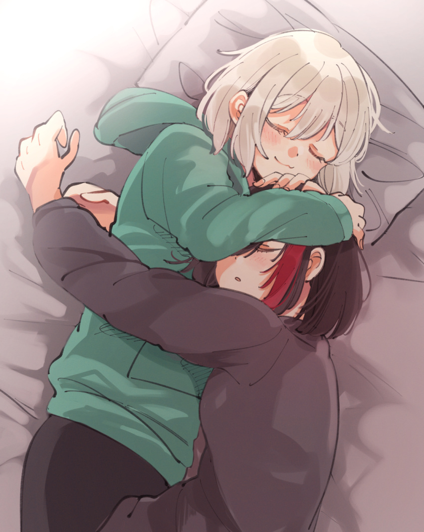 2girls, :3, aoba_moca, bang_dream!, bed, black_hair, blush, closed_eyes