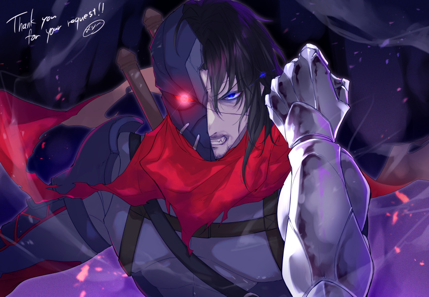 1boy, angry, armor, black_hair, blue_eyes, broken_mask, clenched_hand, clenched_teeth