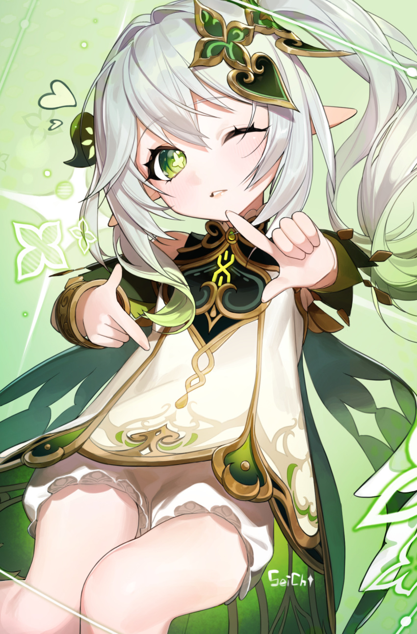 1girl, artist_name, bloomers, cape, commentary, detached_sleeves, dress, finger_frame