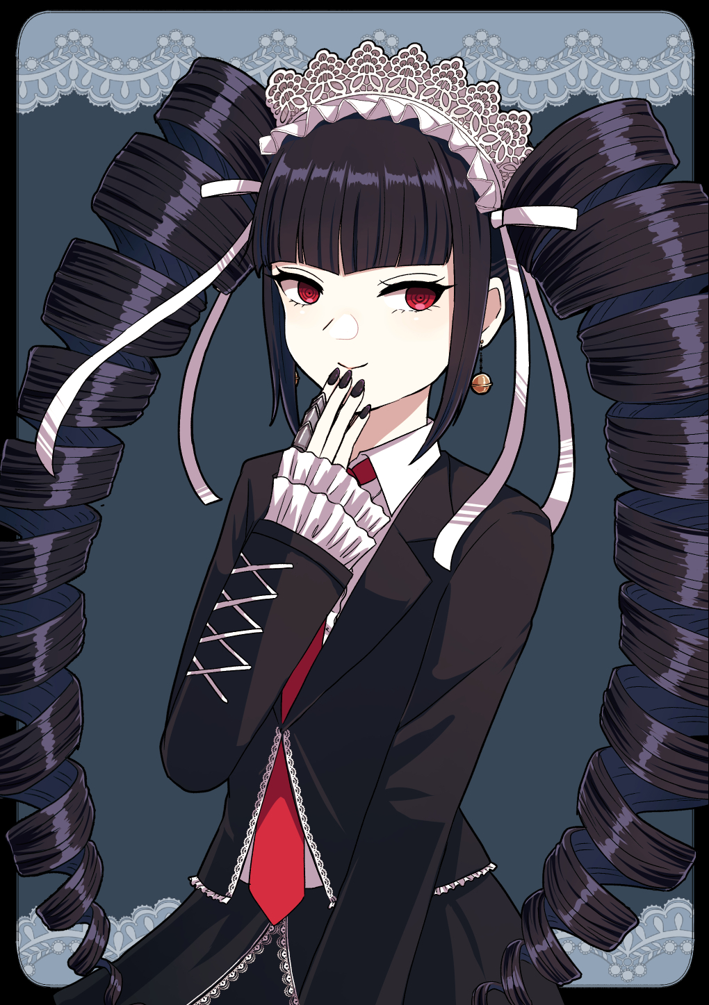 1girl, black_border, black_hair, black_jacket, black_nails, blunt_bangs, border, cappuccino1