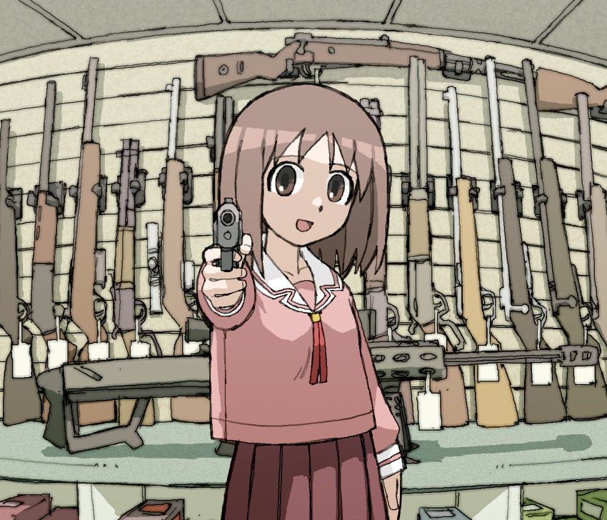 1girl, aiming, aiming_at_viewer, ammunition, anti-materiel_rifle, arm_at_side, azumanga_daioh, azumanga_daioh's_school_uniform, barrett_m82, battle_rifle, bipod, bolt_action, box, brown_eyes, brown_hair, finger_on_trigger, gun, handgun, holding, holding_gun, holding_weapon, indoors, kasuga_ayumu, lever_action, long_hair, long_sleeves, looking_at_viewer, mauser_98, muzzle_device, open_mouth, pantsu-ripper, pink_serafuku, pink_shirt, pink_stripes, pleated_skirt, red_ribbon, red_skirt, remington_model_700, ribbon, rifle, sailor_collar, school_uniform, scope, serafuku, shadow, shirt, shop, single_stripe, skirt, sleeve_cuffs, smile, sniper_rifle, solo, striped, weapon, weapon_on_wall, white_sailor_collar, winter_uniform