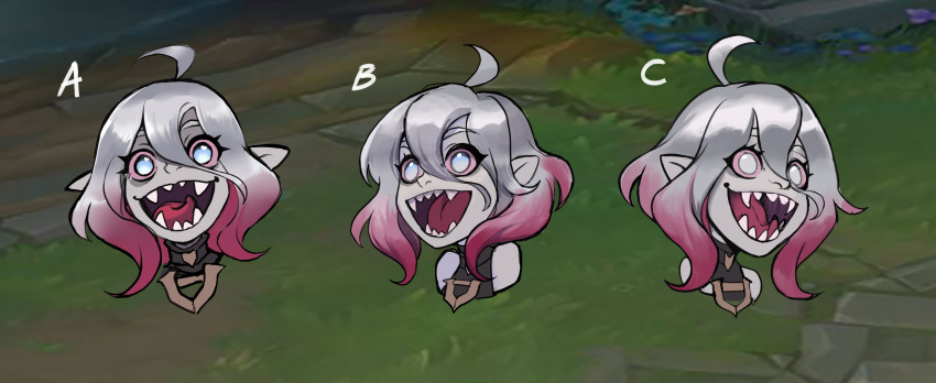 1girl, :d, absurdres, ahoge, bare_shoulders, briar_(league_of_legends), colored_sclera, cropped_shoulders, fangs, grey_eyes, grey_hair, hair_between_eyes, highres, league_of_legends, looking_at_viewer, multiple_views, open_mouth, outdoors, pink_hair, pink_sclera, sharp_teeth, smile, stella_chen_yui, teeth, tongue