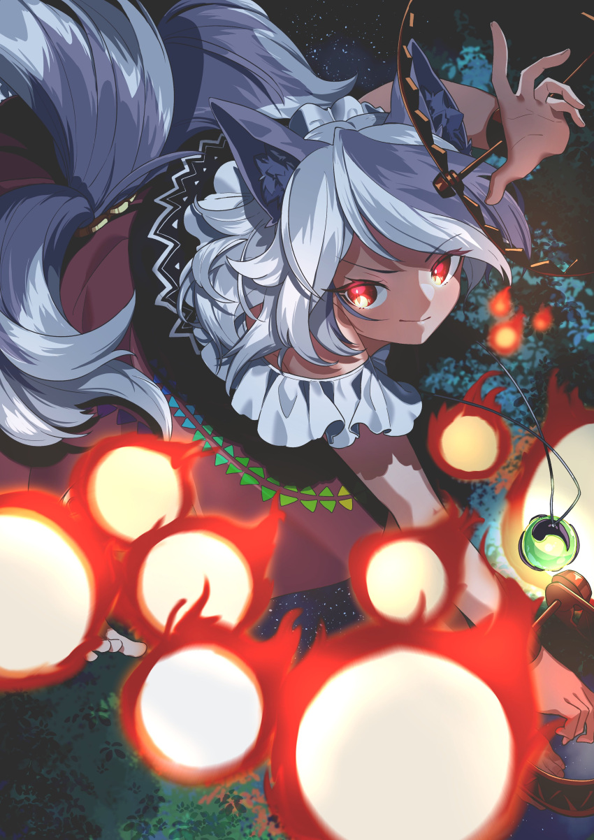 1girl, absurdres, animal_ears, closed_mouth, danmaku, dog_ears, dog_tail, foothold_trap