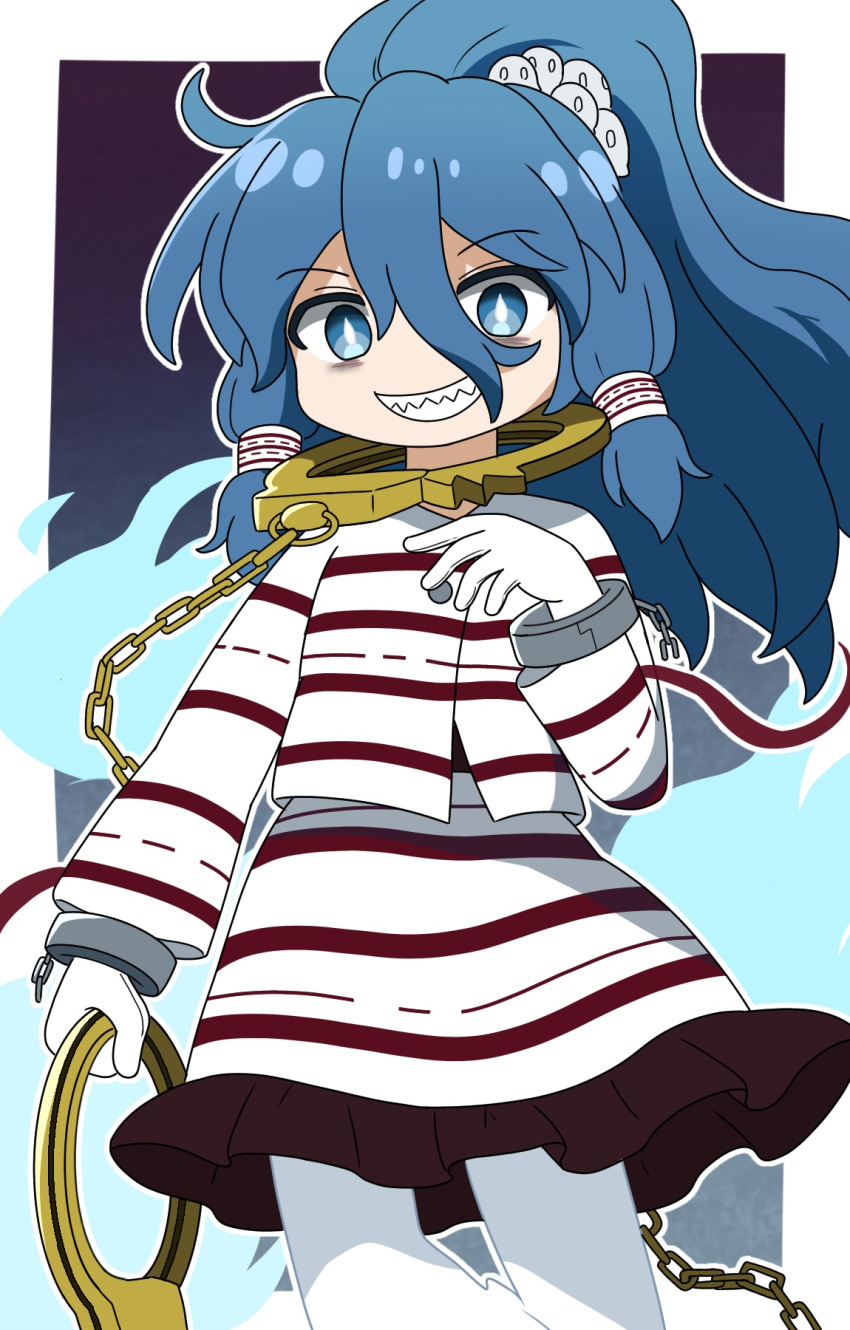 1girl, blue_eyes, blue_hair, chain, commentary_request, cuffs, ghost_tail, gloves