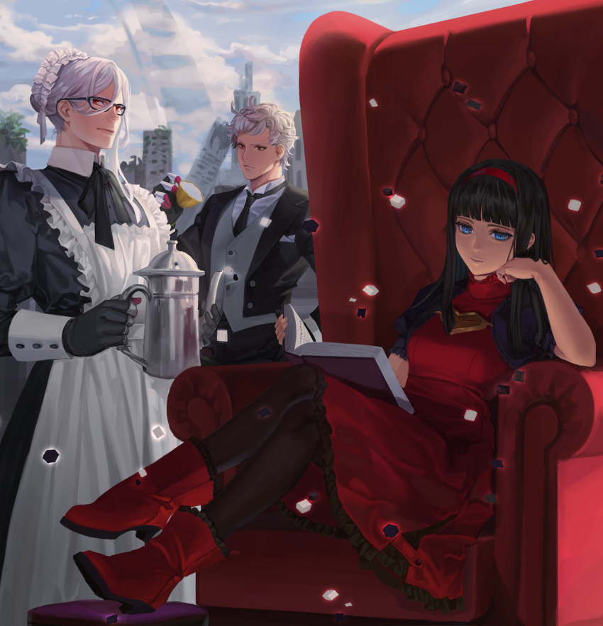 1girl, 2boys, absurdres, adam_(nier:automata), apron, black_dress, black_gloves, black_hair, black_jacket, blue_eyes, book, boots, closed_mouth, clouds, collared_shirt, cup, day, dress, eve_(nier:automata), frilled_apron, frills, glasses, gloves, grey_vest, hairband, highres, holding, holding_book, holding_cup, jacket, maid, maid_apron, maid_headdress, multiple_boys, necktie, nier, nier:automata, nier_(series), on_(isk1812), open_book, open_clothes, open_jacket, outdoors, red_dress, red_eyes, red_girl_(nier), shirt, short_hair, sitting, sky, vest, white_apron, white_hair, white_shirt