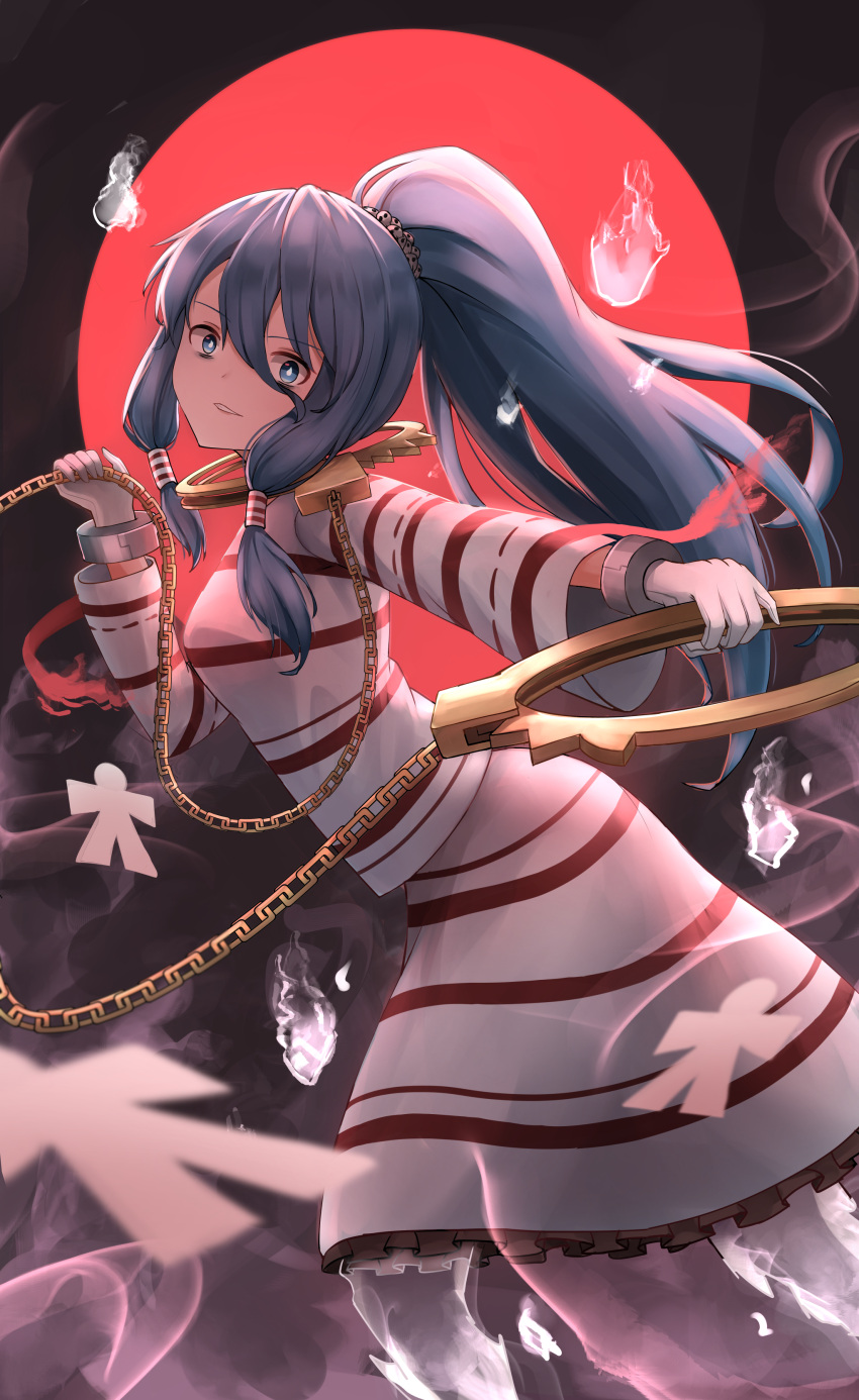 1girl, absurdres, blue_eyes, blue_hair, chain, commentary_request, cuffs, frilled_skirt