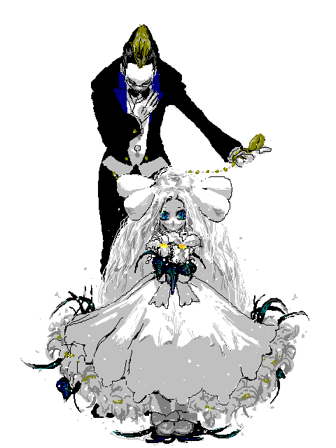 bouquet, bowing, cattleya_(pokemon), character_request, dress, flower, formal, height_difference