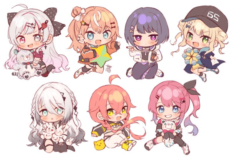 6+girls, ahoge, black_bow, blonde_hair, blue_eyes, bow, braid, chibi