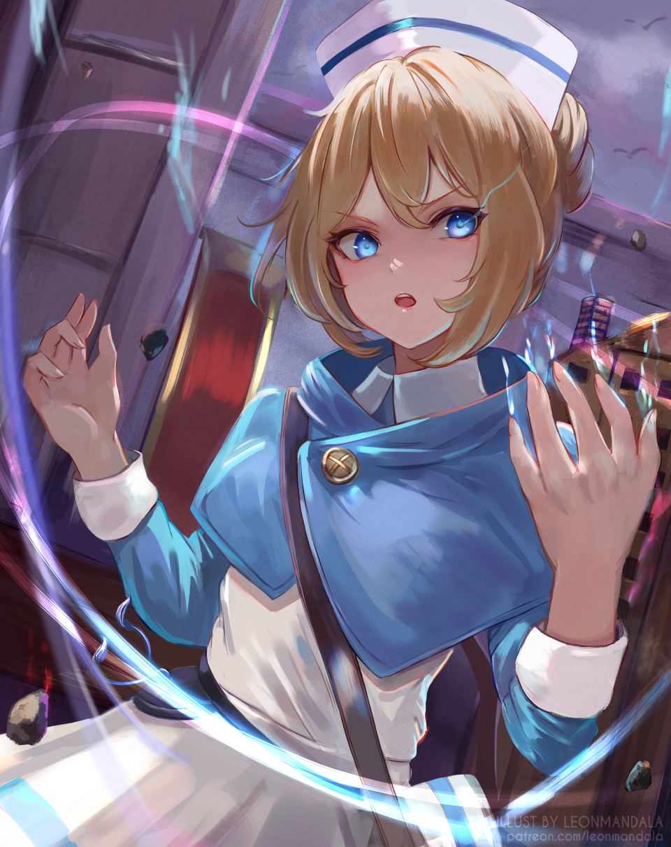 1girl, bag, blonde_hair, blue_cloak, blue_eyes, castti_florenz, cloak, collared_shirt, hair_bun, hair_up, highres, leonmandala, octopath_traveler, octopath_traveler_ii, parted_lips, satchel, shirt, solo, teeth, upper_teeth_only, v-shaped_eyebrows, white_background