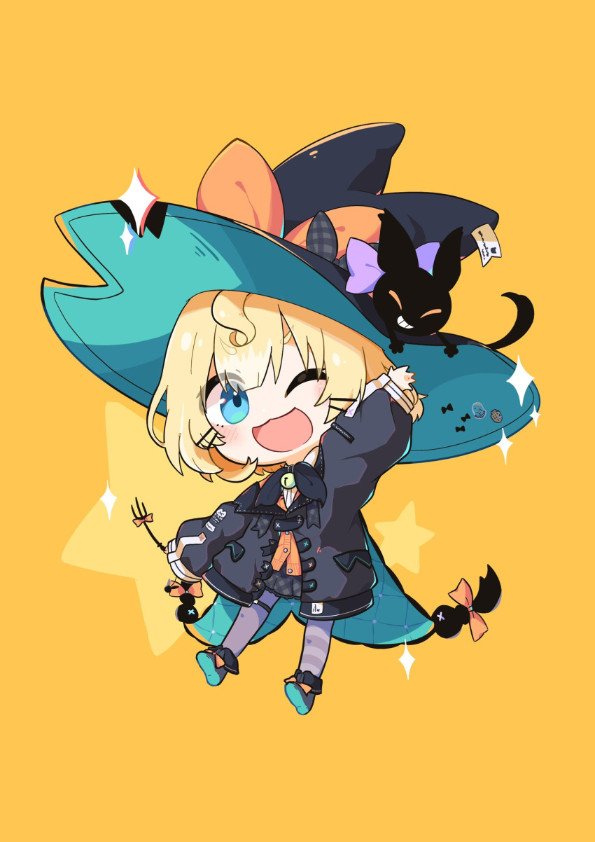 1girl, ;d, black_cat, black_headwear, black_jacket, blonde_hair, blue_eyes, bow