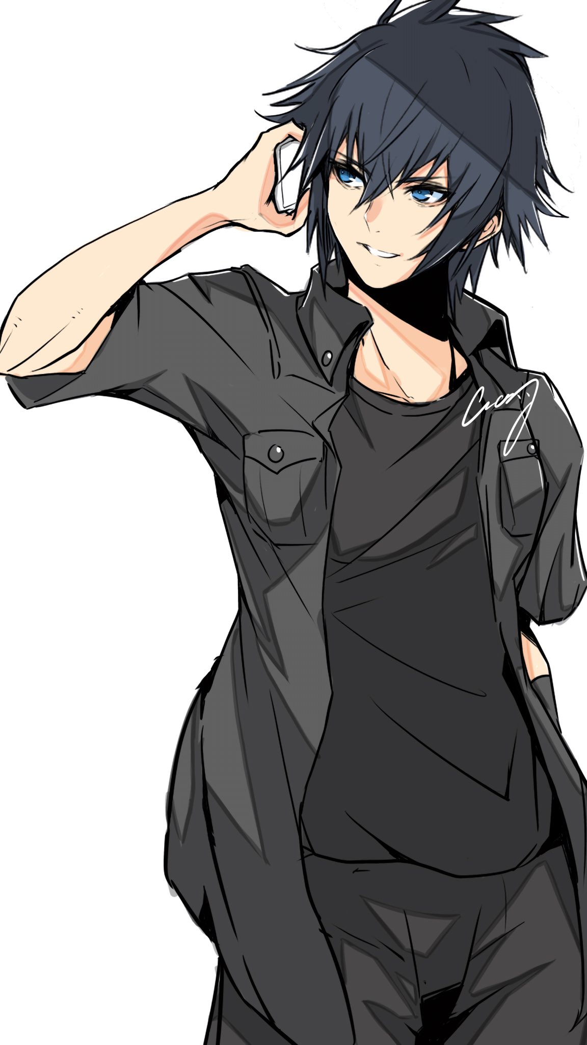 1boy, black_hair, black_jacket, black_pants, black_shirt, blue_eyes, cowboy_shot, crazy02oekaki
