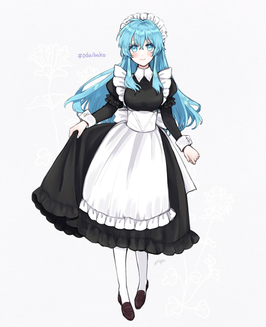 1girl, alternate_costume, apron, aqua_eyes, aqua_hair, black_dress, brown_footwear, dress