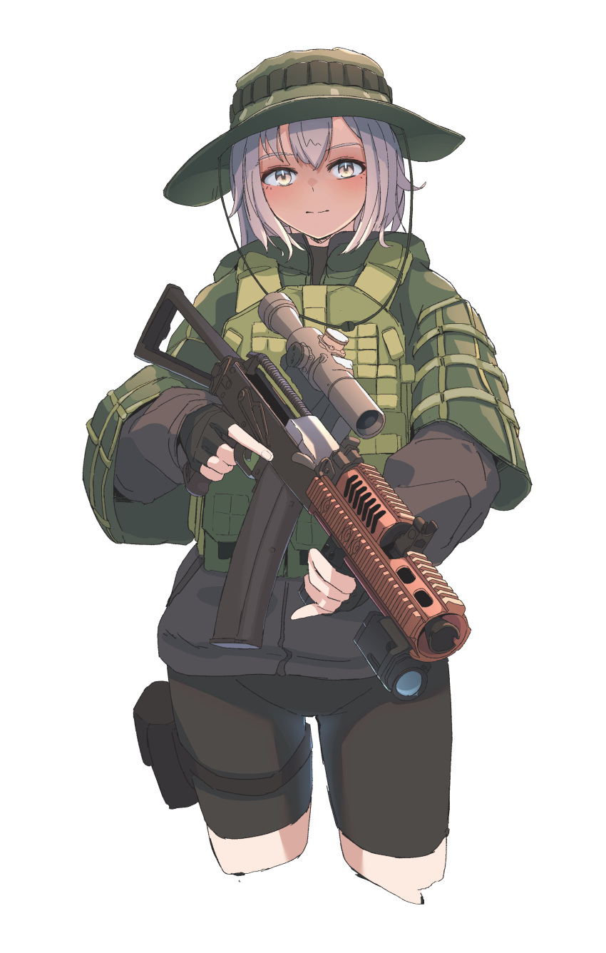 absurdres, aks-74u, assault_rifle, body_armor, boonie_hat, escape_from_tarkov, foregrip, grey_hair