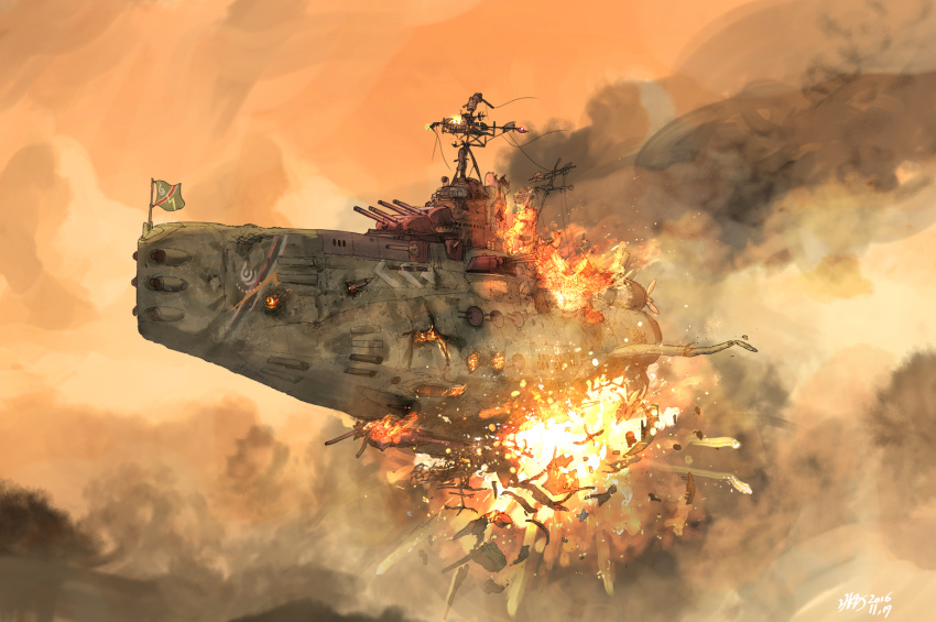 aircraft, airship, aoi_waffle, battle, battle_damage, battleship, cannon, dusk