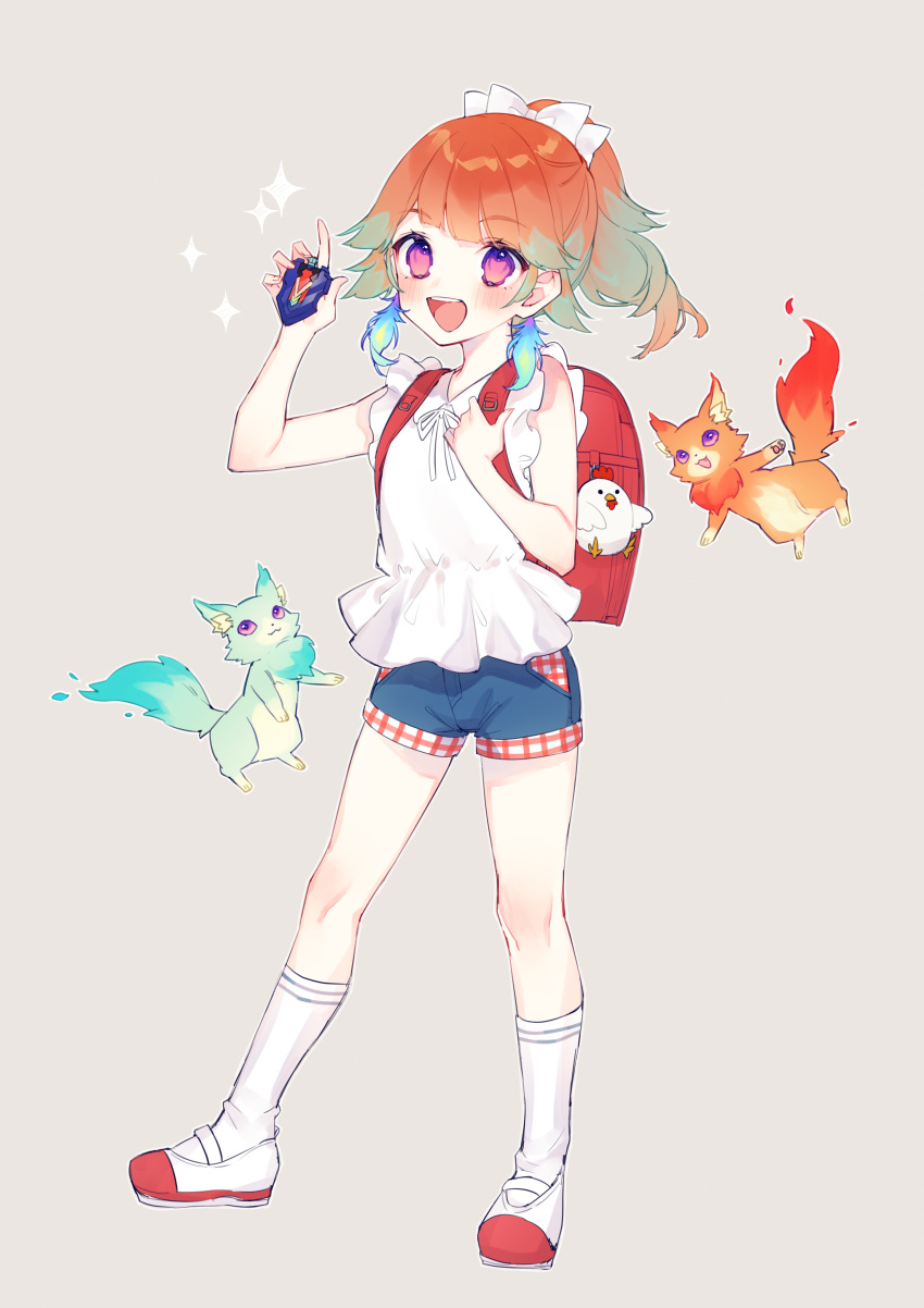 1girl, absurdres, arm_up, bag, blush, bow, cat, chiyomaru_(yumichiyo0606)