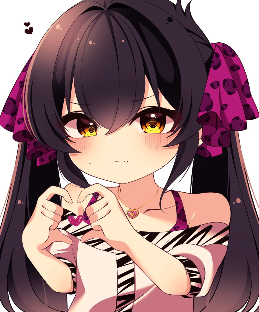 1girl, animal_print, black_hair, blush, collarbone, commentary_request, fang, flat_chest