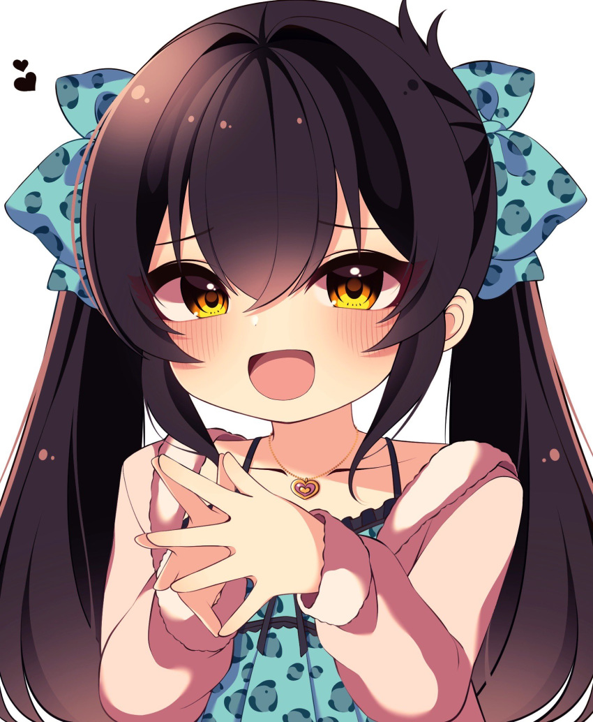 1girl, animal_print, aqua_bow, aqua_shirt, black_hair, blush, bow, cardigan