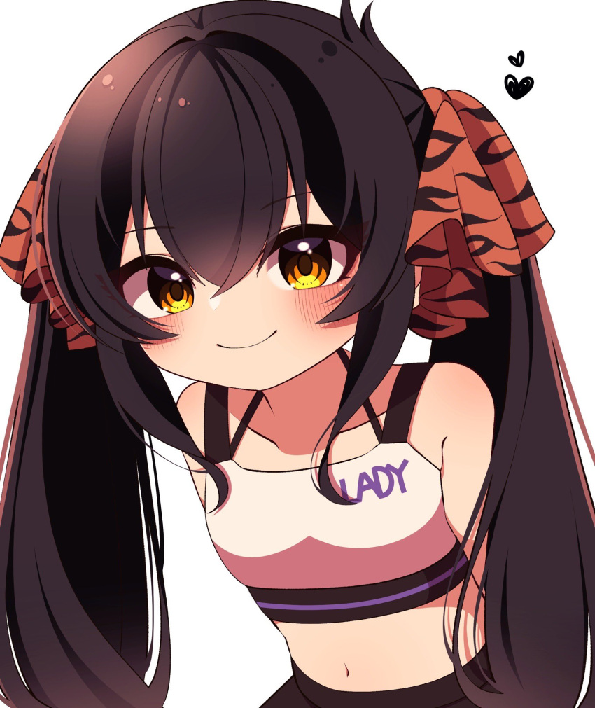 1girl, animal_print, arms_behind_back, black_hair, black_pants, collarbone, commentary, flat_chest, hair_between_eyes, hair_ribbon, heart, highres, idolmaster, idolmaster_cinderella_girls, long_hair, looking_at_viewer, maju_risa, matoba_risa, midriff, navel, pants, print_shirt, red_ribbon, ribbon, shirt, sidelocks, smile, solo, tank_top, tiger_print, twintails, upper_body, white_background, white_shirt, yellow_eyes