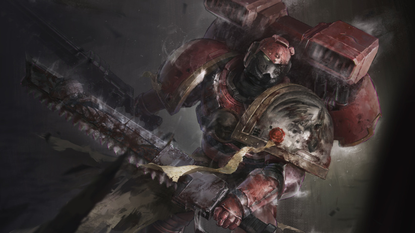 1boy, absurdres, adeptus_astartes, assault_marine, battle_damage, blood_ravens, chainsword, chinese_commentary, commentary, daxi4ng, dual_wielding, highres, holding, holding_sword, holding_weapon, jetpack, power_armor, purity_seal, sword, warhammer_40k, weapon