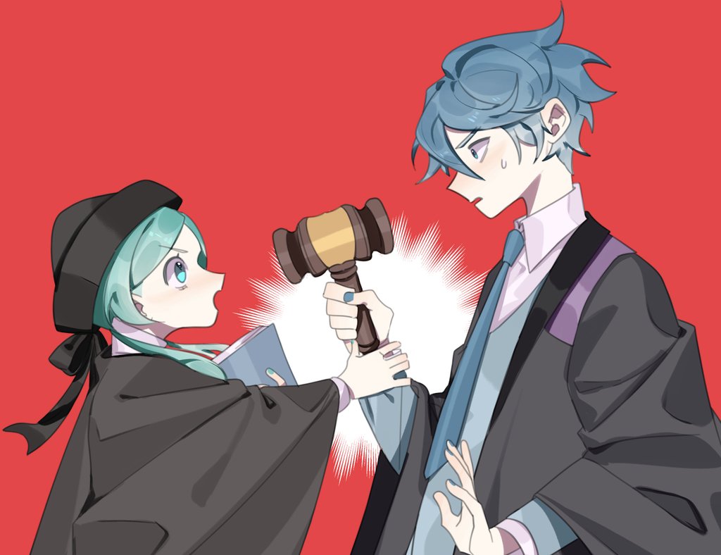 1boy, 1girl, akutoku_no_judgement_(vocaloid), aqua_eyes, aqua_hair, aqua_nails, black_coat, black_headwear