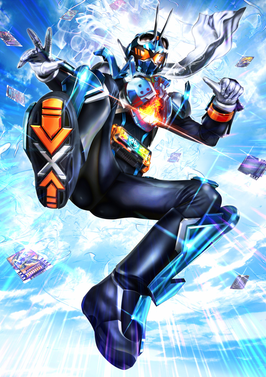 1boy, blue_armor, body_armor, card, commentary, compound_eyes, driver_(kamen_rider), flying_kick, foreshortening, gloves, glowing, goggles, goggles_on_head, gotcha_driver, highres, hopper_1, kamen_rider, kamen_rider_gotchard, kamen_rider_gotchard_(series), kicking, looking_at_viewer, looking_up, male_focus, masukudo_(hamamoto_hikaru), rider_belt, rider_chemi_card, rider_kick, running, scarf, soles, spread_legs, standing, tokusatsu, upper_body, white_gloves, white_scarf, yellow_eyes