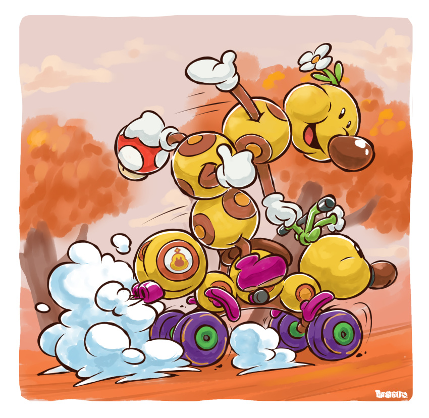 artist_name, boots, border, caterpillar, elcajarito, flower, gloves, highres, mario_kart, no_humans, open_mouth, outside_border, pink_footwear, solo, super_mario_bros., super_mushroom, white_border, white_flower, white_gloves, wiggler