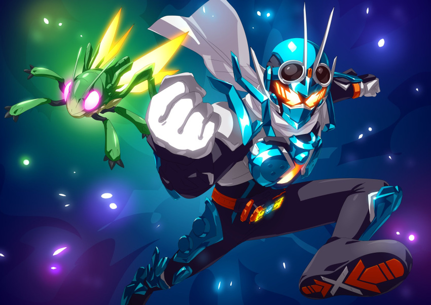 1boy, arm_up, blue_armor, body_armor, commentary, compound_eyes, driver_(kamen_rider), gloves, glowing, goggles, goggles_on_head, gotcha_driver, highres, hopper_1, kamen_rider, kamen_rider_gotchard, kamen_rider_gotchard_(series), looking_at_viewer, looking_up, male_focus, otokamu, rider_belt, running, scarf, spread_legs, standing, tokusatsu, upper_body, white_gloves, white_scarf, yellow_eyes
