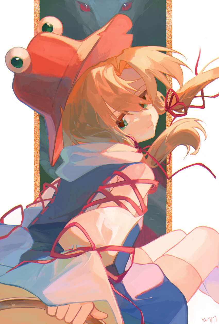 1girl, absurdres, blonde_hair, brown_headwear, cindy717, closed_mouth, green_eyes, hair_ribbon