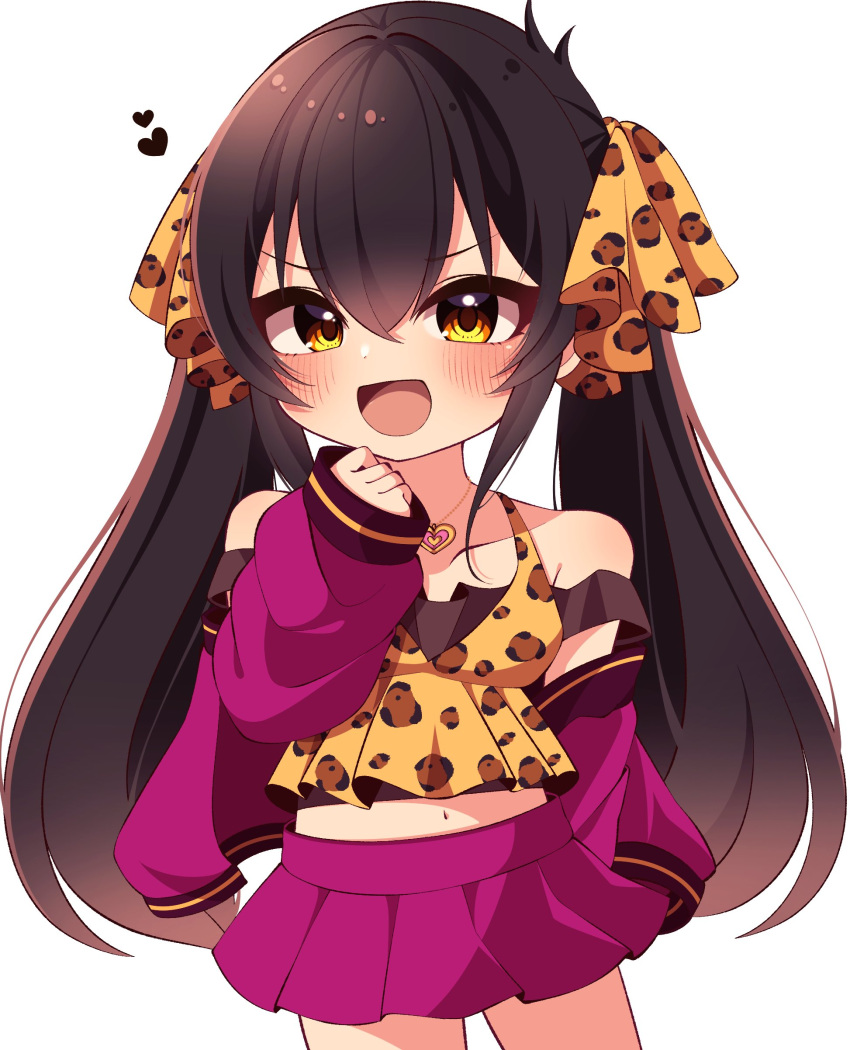 1girl, absurdres, animal_print, arm_behind_back, black_hair, blush, clenched_hand, collarbone