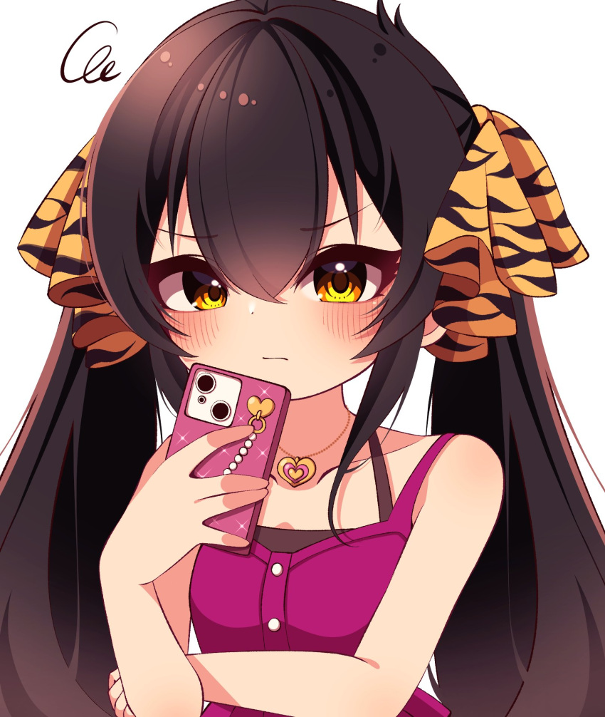 1girl, animal_print, black_hair, blush, buttons, cellphone, collarbone, commentary