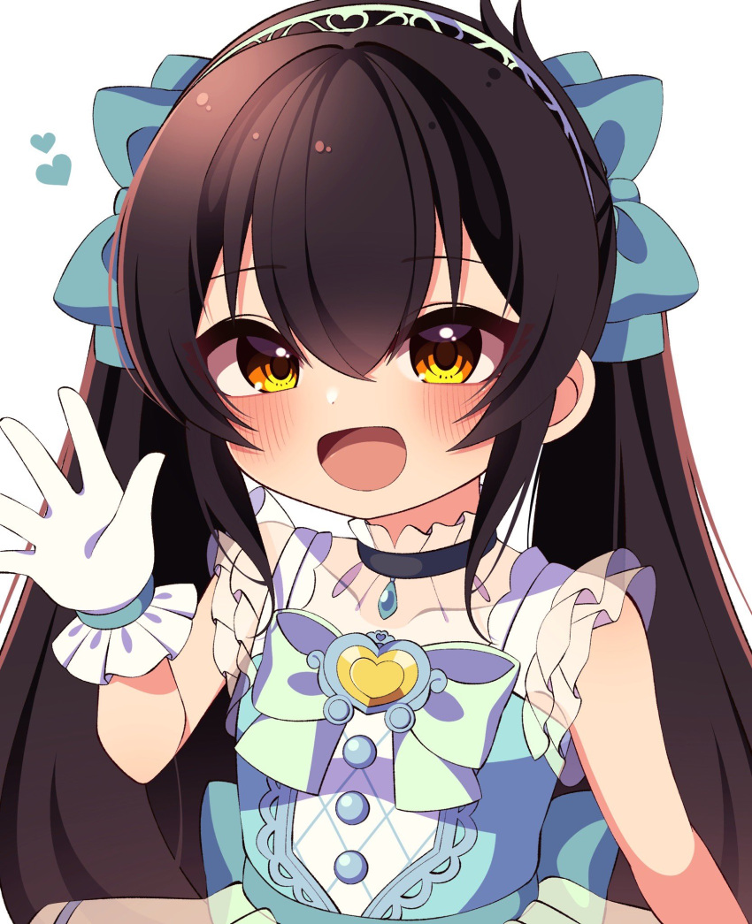 1girl, aqua_bow, back_bow, black_hair, blue_dress, blush, bow, bowtie