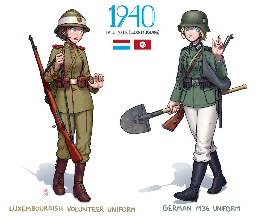 2girls, absurdres, adrian_helmet, ammunition_pouch, bag, belt, belt_buckle, blonde_hair