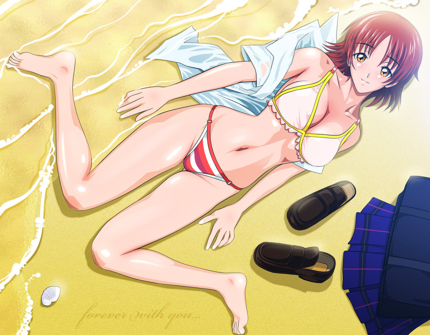 barefoot, beach, bikini, brown_eyes, brown_hair, feet, hoshikawa_maki, legs