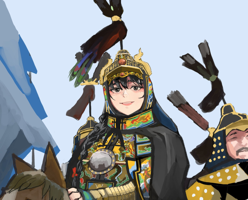 1boy, 1girl, black_hair, braid, chinese_armor, highres, horse, horseback_riding