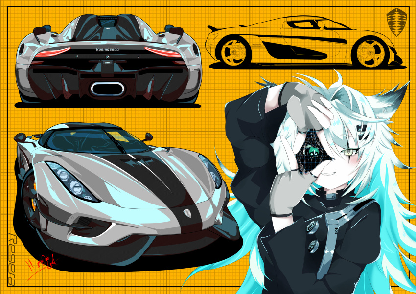 1girl, absurdres, animal_ears, arknights, black_jacket, blueprint_background, car, commentary, english_commentary, english_text, fingerless_gloves, gloves, grey_car, grey_eyes, grey_gloves, hair_between_eyes, hair_ornament, hands_up, highres, jacket, koenigsegg_(automobile), koenigsegg_regera, lappland_(arknights), long_hair, long_sleeves, looking_at_viewer, messy_hair, motor_vehicle, multicolored_hair, multiple_views, one_eye_covered, open_mouth, perflatte, scar, scar_across_eye, scar_on_face, shadow, signature, simple_background, smile, solo, sports_car, teeth, two-tone_hair, upper_body, vehicle_focus, white_hair, yellow_background