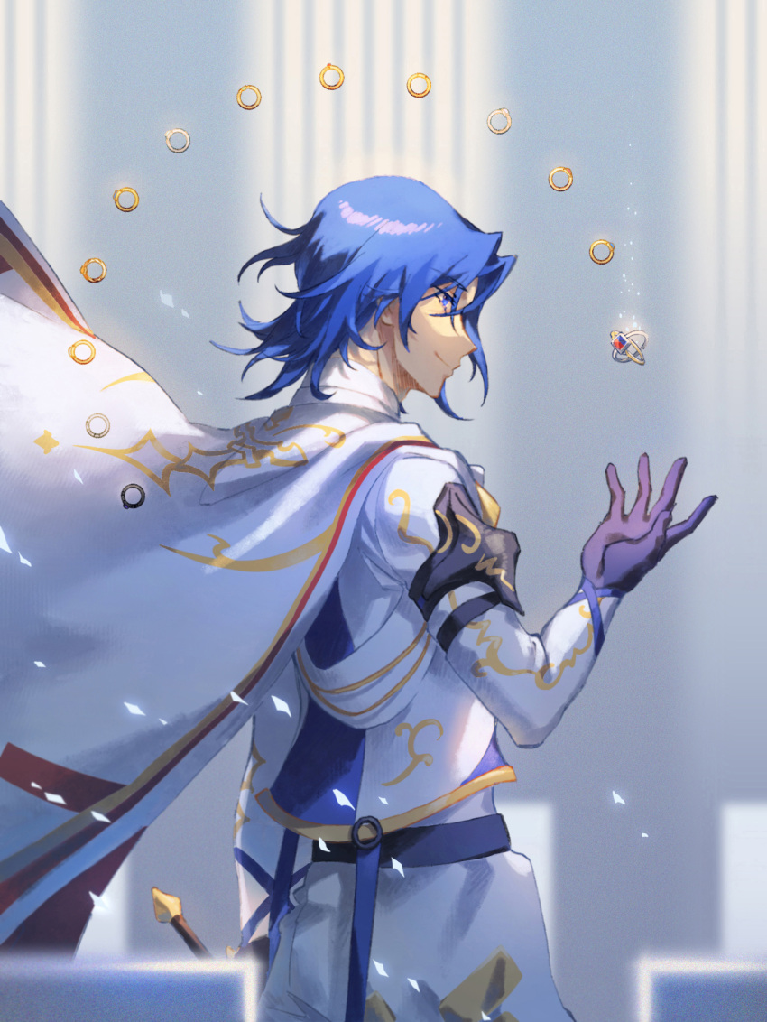 1boy, alear_(fire_emblem), alear_(male)_(fire_emblem), black_gloves, blue_eyes, blue_hair, cape, closed_mouth