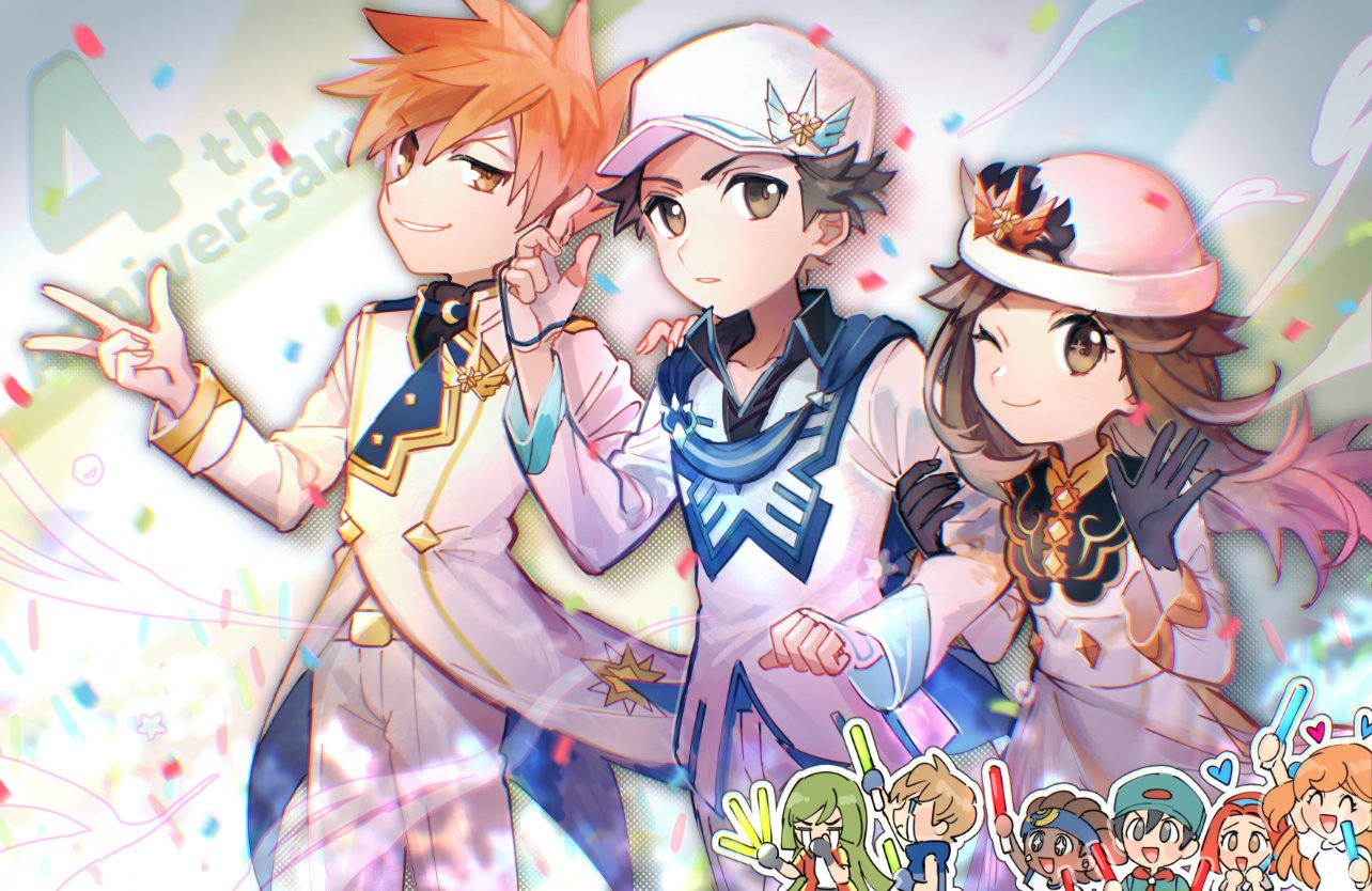 1girl, 2boys, 4girls, 5boys, ;), ace_trainer_(pokemon), alternate_color, belt_buckle