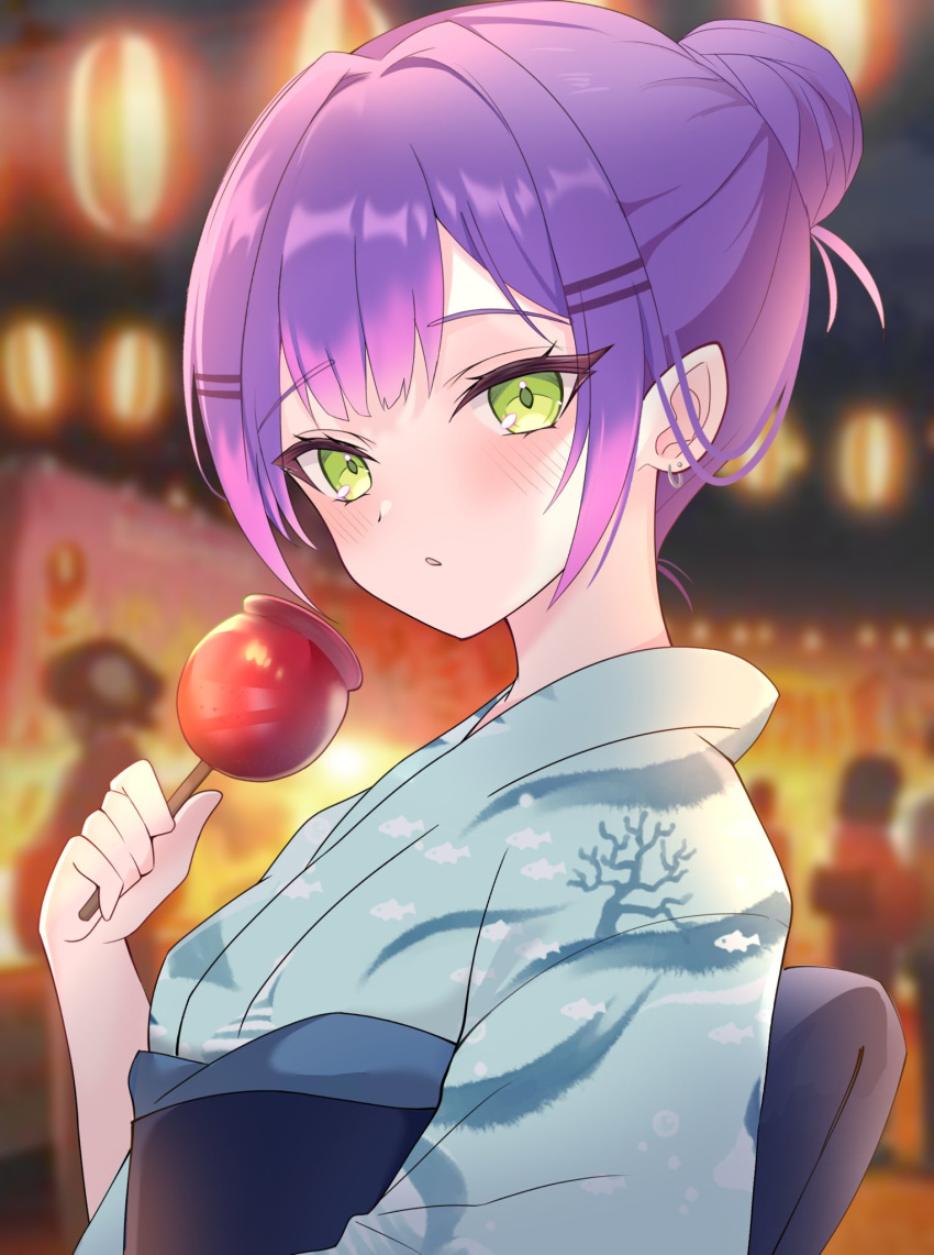 1girl, blue_kimono, demon_girl, ear_piercing, fawny, gradient_hair, green_eyes, hair_ornament