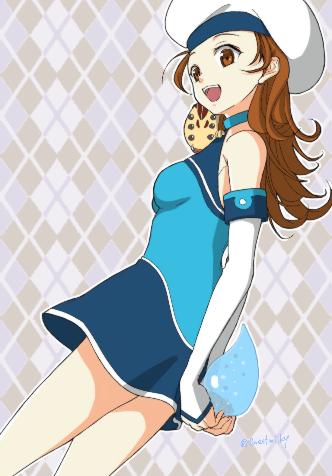 1girl, :d, argyle, argyle_background, bonaparte_(suikoden), breasts, brown_eyes, brown_hair