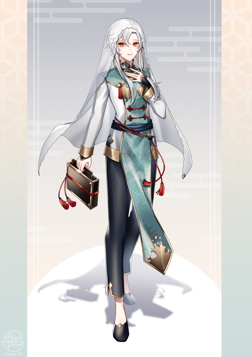 1boy, alternate_costume, aqua_jacket, black_footwear, black_pants, black_sash, briefcase, chinese_clothes