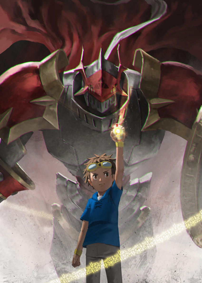 1boy, 1other, armor, brown_hair, cape, digimon, digimon_(creature), digimon_tamers, digivice, dukemon, goggles, goggles_on_head, highres, lance, matsuda_takato, mayozom, polearm, red_cape, shield, size_difference, weapon