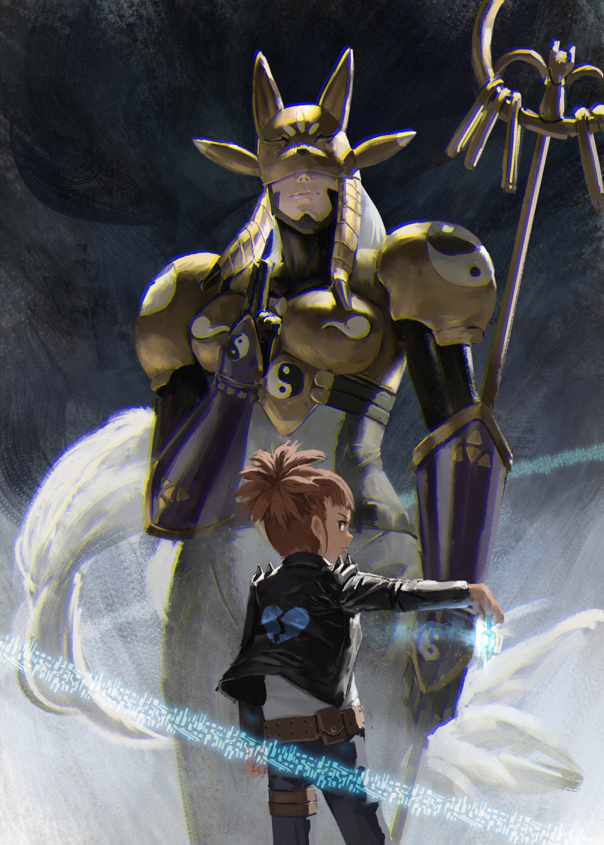 2girls, armor, ass, belt, black_jacket, breasts, brown_belt, child, denim, digimon, digimon_(creature), digimon_tamers, fox_mask, highres, jacket, jeans, long_hair, makino_ruki, mask, mayozom, multiple_girls, orange_hair, pants, sakuyamon, size_difference, standing, yin_yang