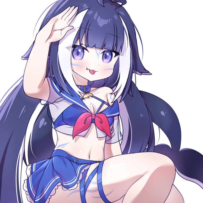 1girl, blue_hair, cross_(vgne4542), highres, long_hair, shylily, shylily_(1st_costume), smile, solo, tail, violet_eyes