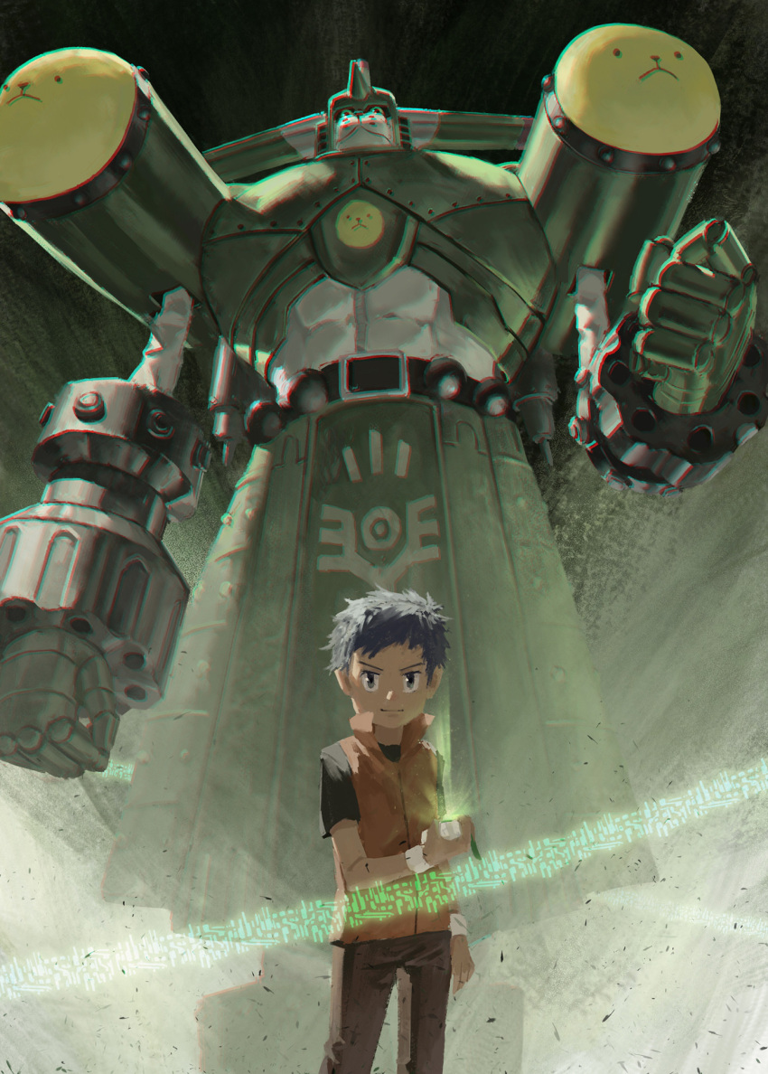 belt, blue_eyes, blue_hair, brown_pants, child, digimon, digimon_tamers, digivice, highres, horns, li_jianliang, light_smile, looking_at_viewer, mayozom, pants, robot, saintgalgomon, short_hair, single_horn, size_difference, standing