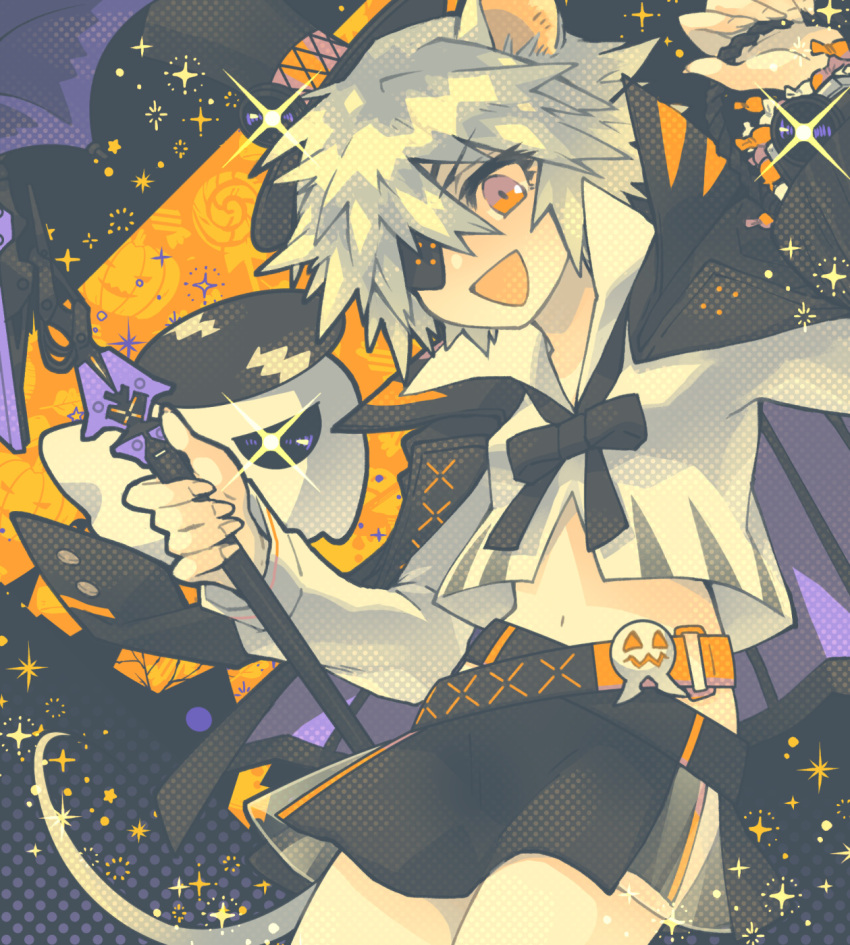 1girl, animal_ears, arknights, arms_up, belt, black_background, black_belt, black_cape, black_headwear, black_skirt, candy, cape, click_(arknights), click_(grave_thief)_(arknights), collared_shirt, commentary, cowboy_shot, drone, eyepatch, food, ghost, halloween, hat, highres, holding, holding_staff, long_hair, looking_at_viewer, looking_down, messy_hair, midriff, morini_ochiteru, mouse_ears, mouse_girl, mouse_tail, multicolored_background, multiple_belts, official_alternate_costume, open_mouth, orange_background, orange_belt, pleated_skirt, red_eyes, shirt, short_hair, skirt, smile, solo, sparkle, staff, tail, top_hat, white_hair, white_shirt