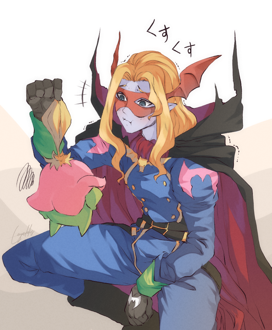 belt, black_cape, black_footwear, black_gloves, blonde_hair, cape, colored_skin, creature
