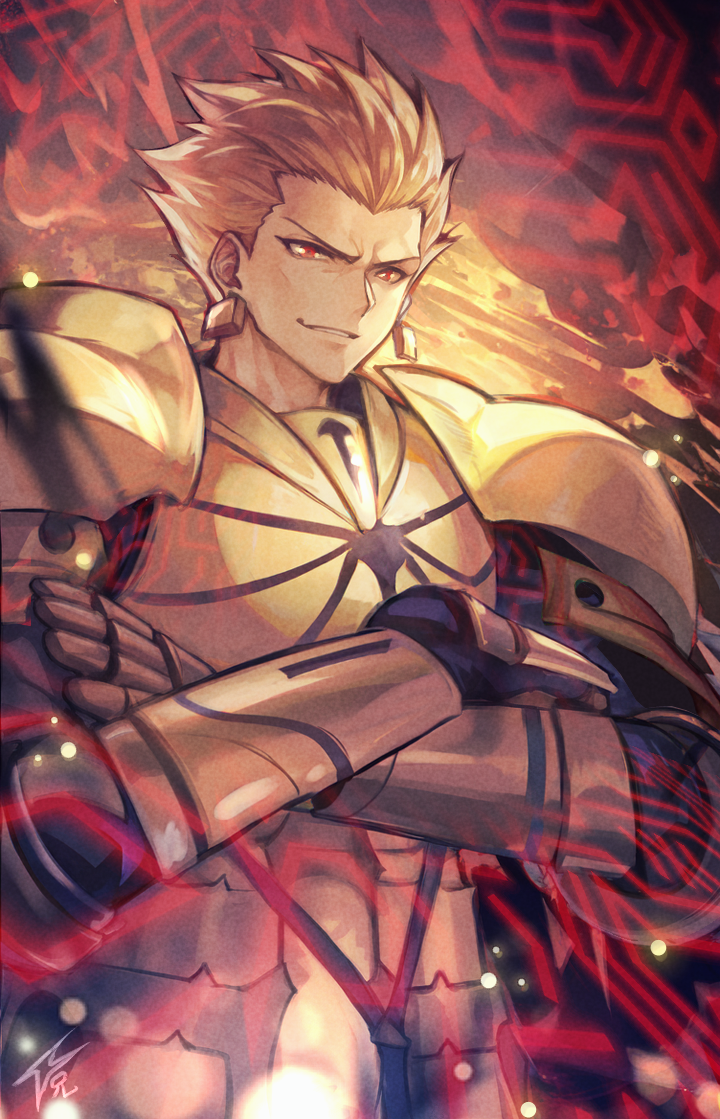1boy, armor, blonde_hair, crossed_arms, dynamitenatalia, earrings, fate/zero, fate_(series)