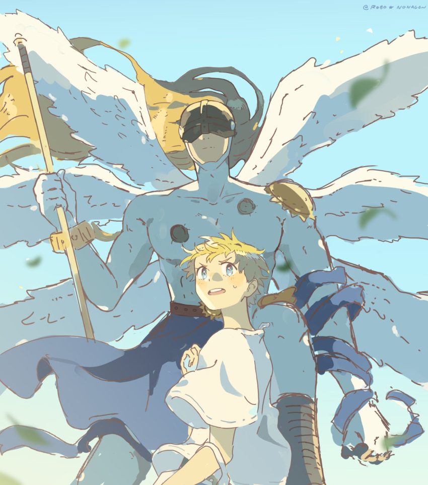 2boys, angel, angel_wings, angemon, belt, blonde_hair, blue_eyes, blue_sky